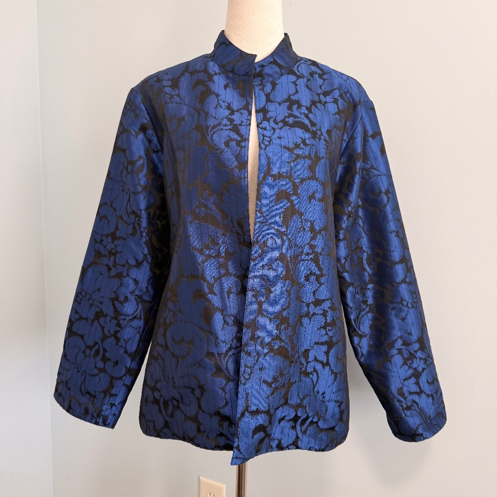 Chico's Open Front Blue Brocade‎ Metallic Long Sleeve Jacket Blazer Sz 3